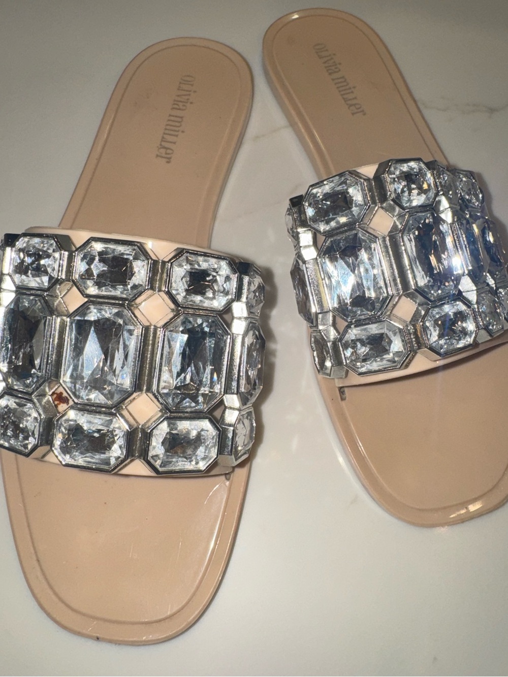 STUNNING!  Olivia Miller Crystal Embellished Nude Slide Sandals  EU 40/US 9